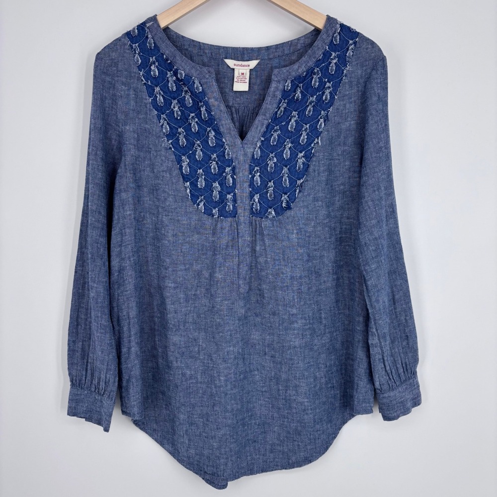 Sundance Linen Blend Blouse Womens Medium Blue Embroidered V-Neck Boho Tunic Top